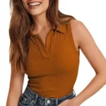 Ribbed Shirt Collar Brown Top