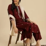 Maroon Chinon Embroidered Kurta Set