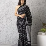 Jaipuri Hand Block Printed Soft Cotton Mulmul Saree (Black)