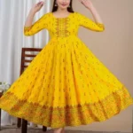 Yellow Anarkali Hand Block Printed