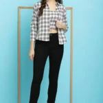 Checked Shirt Collar Black Tops & Tunic