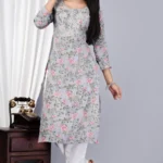 Rayon Jaipuri Printed Straight "Kurti with Pant" (Grey)