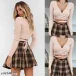 High Waist Pleated Skirt Short Skater Tennis Skirt (Brown Check)