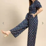 Navy blue and golden ethnic motifs printed basic jumpsuit